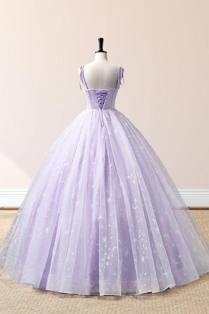 Purple A Line Straps Embroidered Tulle Floor Length Evening Dress Prom Dress SH1796