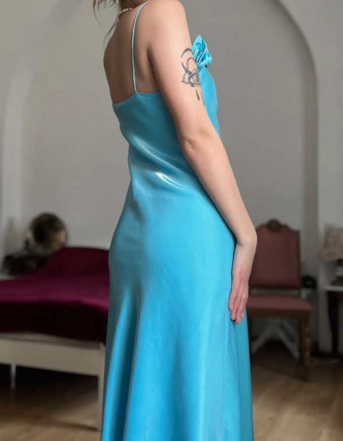 Dazzling Blue A Line Straps Floral Satin Prom Dress Evening Dress Date Dress SH5631