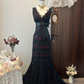 Vintage A Line V Neck Black Lace Tulle Prom Dress Evening Dress with Bow SH2988