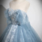 A Line Sweetheart Neck Blue Tulle Lace Long Prom Dress Evening Dress SH1740