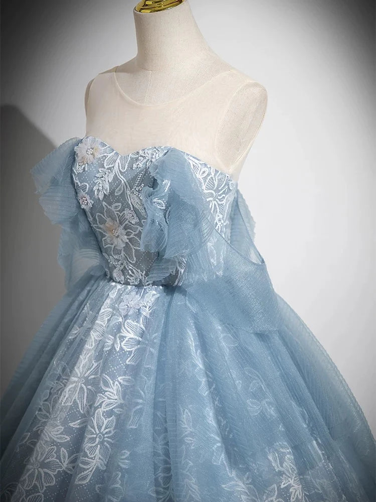 A Line Sweetheart Neck Blue Tulle Lace Long Prom Dress Evening Dress SH1740