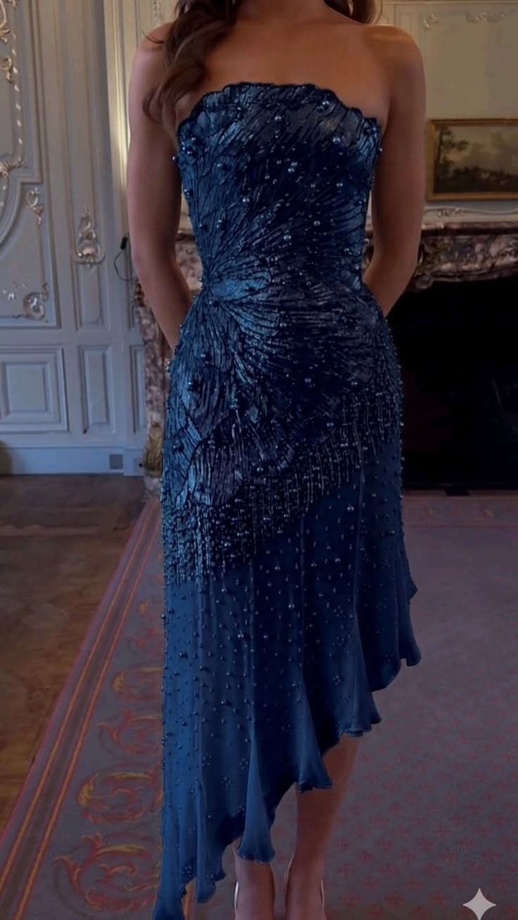 Stunning Navy Blue A Line Strapless Beaded Sequin Prom Dress Date Dress SH7011