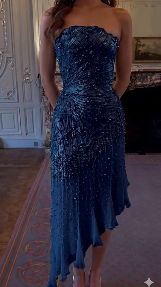 Stunning Navy Blue A Line Strapless Beaded Sequin Prom Dress Date Dress SH7011