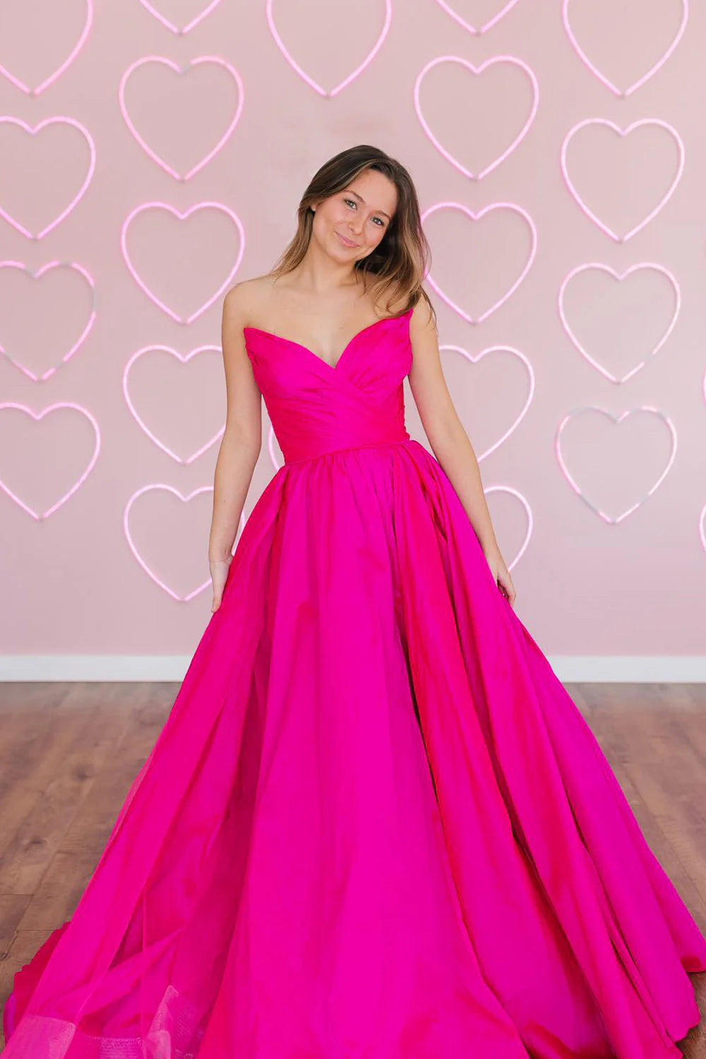 Hot Pink A Line Strapless Satin Long Prom Dress Evening Dress SH1692