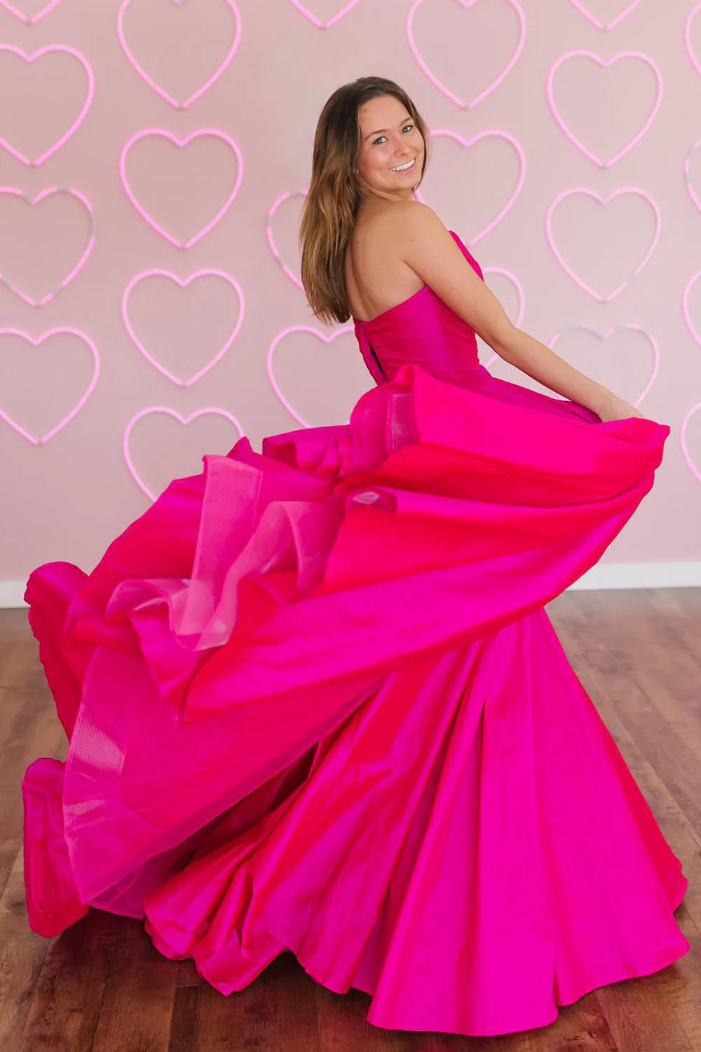 Hot Pink A Line Strapless Satin Long Prom Dress Evening Dress SH1692