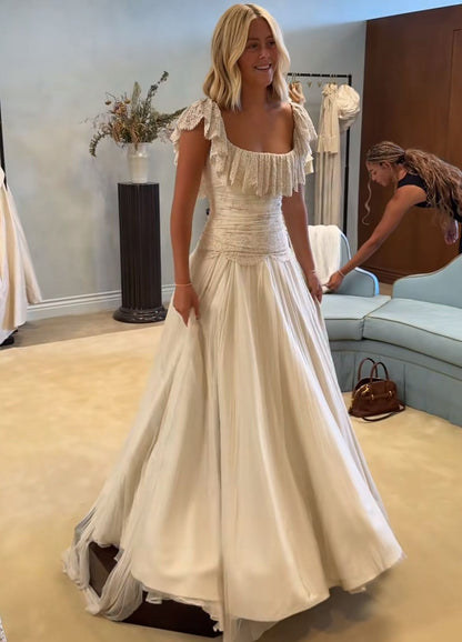 Vintage Ball Gown Straps Lace Satin Long Wedding Dress SH7091
