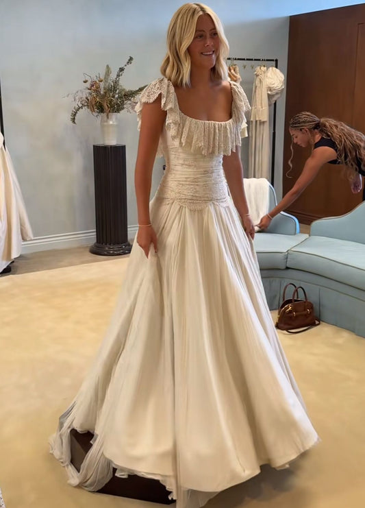 Vintage Ball Gown Straps Lace Satin Long Wedding Dress SH7091