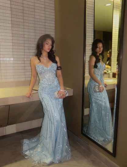 Dreamy Baby Blue Mermaid Sweetheart Neck Sequin Tulle Prom Dress Evening Dress SH7281