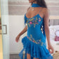 Unique A Line Spaghetti Strap Beaded Embroidered Ruffle Blue Chiffon Homecoming Dress SH2357