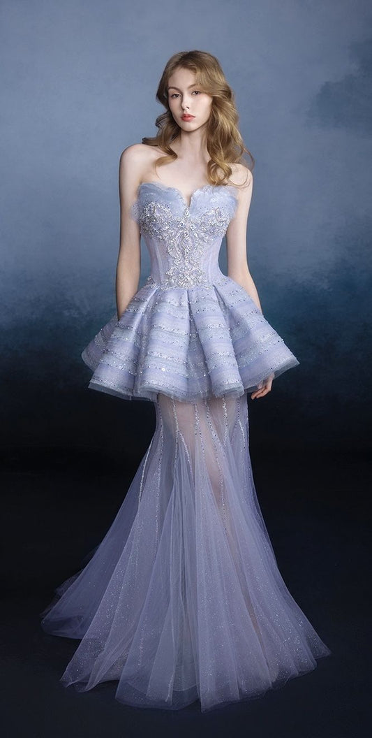 Stunning Purple Mermaid Strapless Beaded Tulle Long Prom Dress Evening Dress SH4260