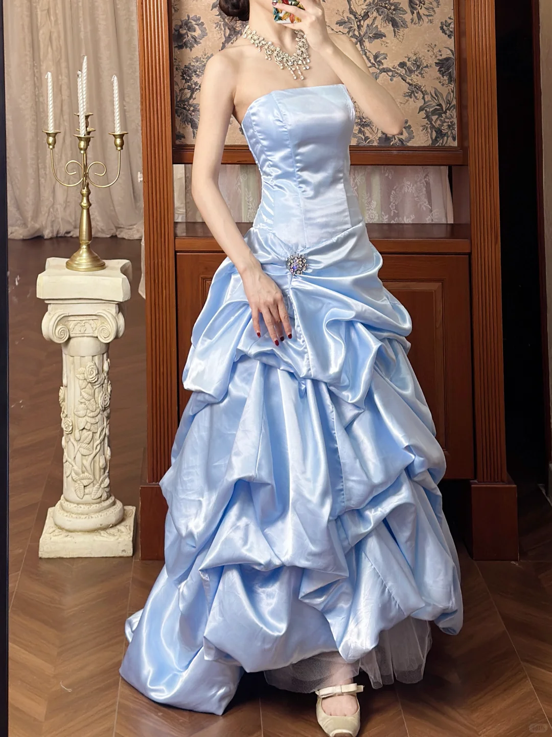 Blue Vintage Ball Gown Strapless Layered Satin Long Prom Dress 16th Birthday Dress SH5203