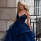 Navy Blue A Line Spaghetti Strap Lace Tulle Long Prom Dress Evening Dress SH8821