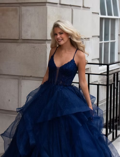 Navy Blue A Line Spaghetti Strap Lace Tulle Long Prom Dress Evening Dress SH8821