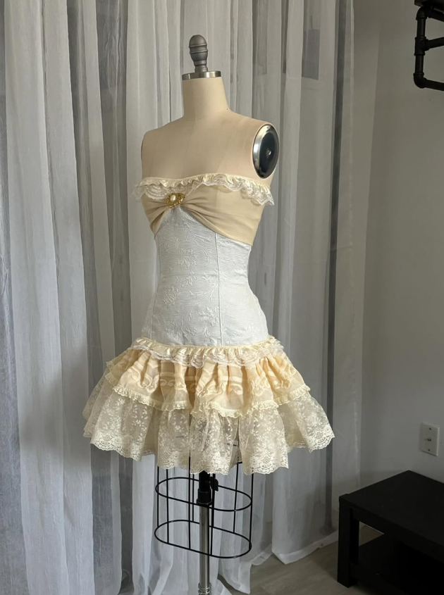 Cute Yellow White A Line Strapless Layered Lace Short Prom Dress Homecoming Dress SH7686