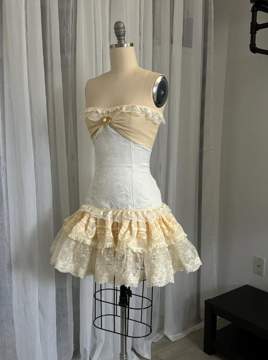 Cute Yellow White A Line Strapless Layered Lace Short Prom Dress Homecoming Dress SH7686