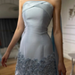 Blue Sky A Line Strapless Appliques Satin Long Prom Dress Evening Dress SH1894