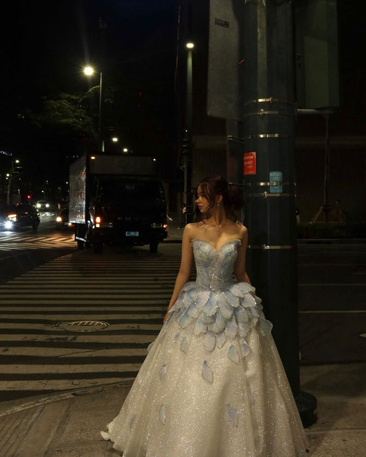 Sweety Blue Ball Gown Sweetheart Neck Layered Beaded Sequin Tulle Long Prom Dress SH4775