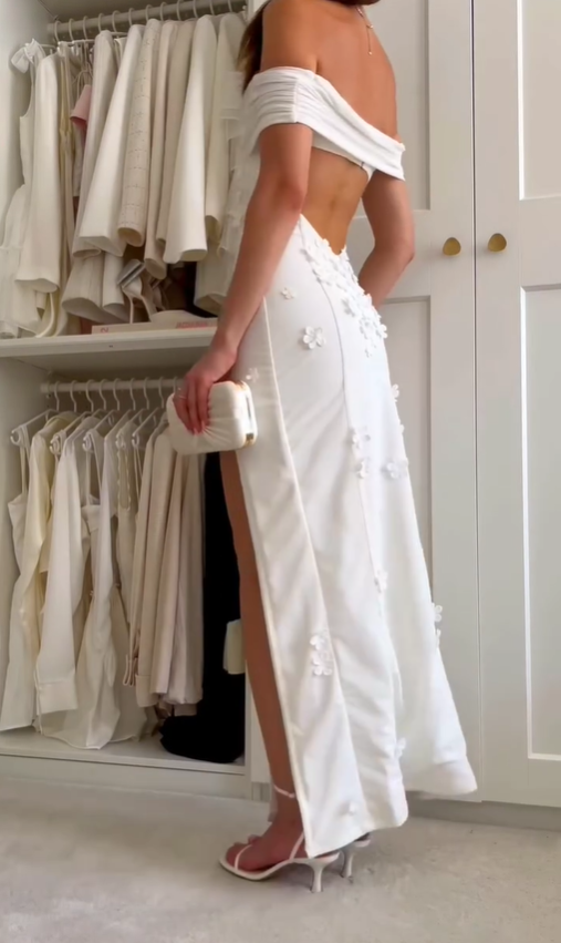 White Sheath Off the Shoulder Floral Satin Prom Dress Evening Dress with Slit SH4768