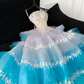 Blue Ombre A Line Strapless Silver Sequin Tulle Long Prom Dress Party Dress SH3417