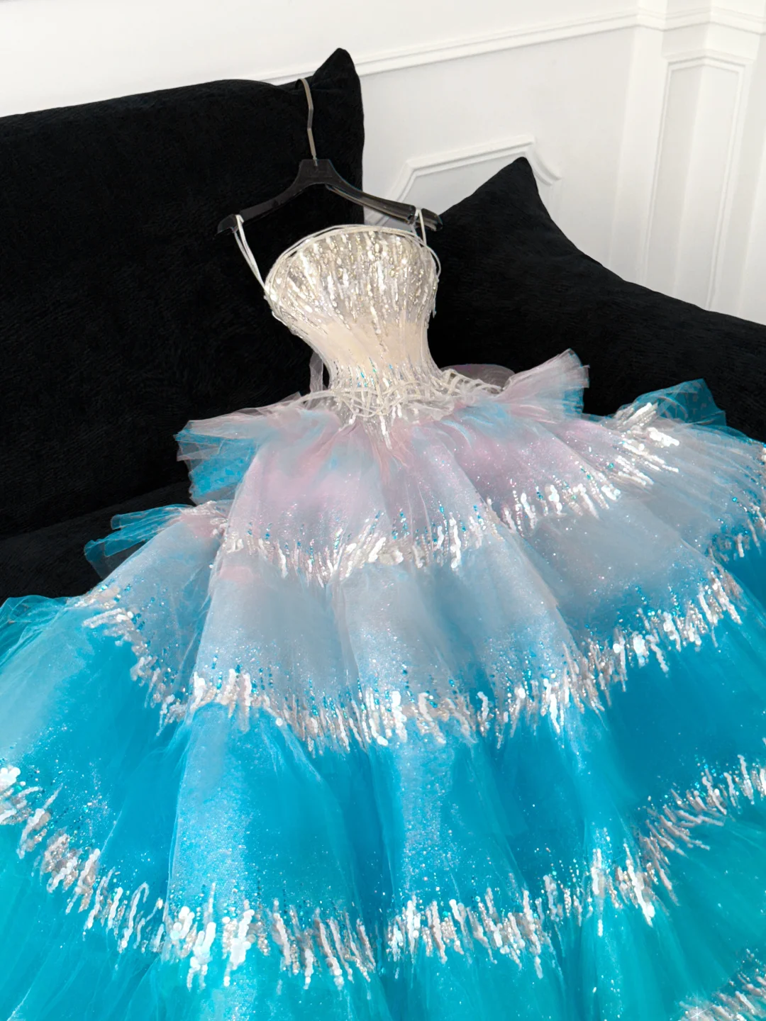 Blue Ombre A Line Strapless Silver Sequin Tulle Long Prom Dress Party Dress SH3417