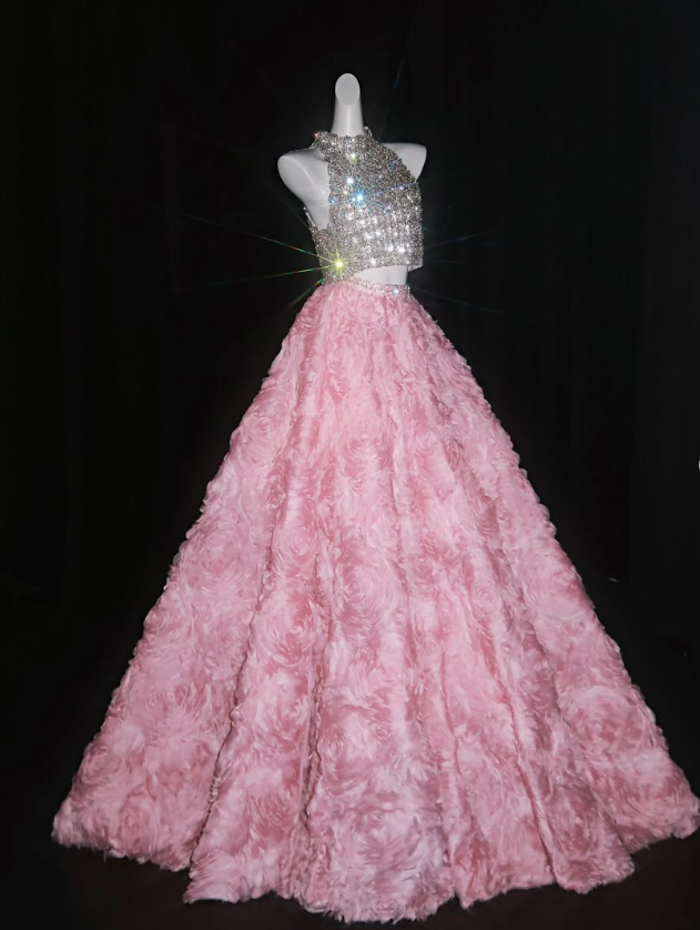 Shiny Rhinestone Ball Gown Exquisite 3D Pink Rose Tulle Prom Dress Quinceanera Dress SH7162