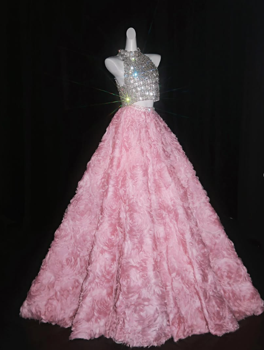 Shiny Rhinestone Ball Gown Exquisite 3D Pink Rose Tulle Prom Dress Quinceanera Dress SH7162
