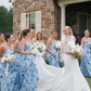 Blue Print Floral A Line Strapless Satin Long Bridesmaid Dress SH6319