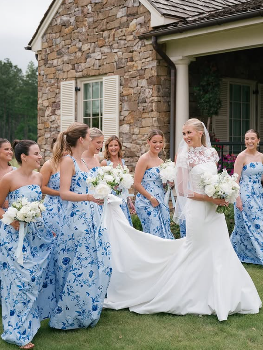 Blue Print Floral A Line Strapless Satin Long Bridesmaid Dress SH6576