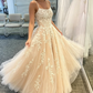 Simple Spaghetti Straps A-Line Lace Appliques Tulle Long Prom Dress KS7930