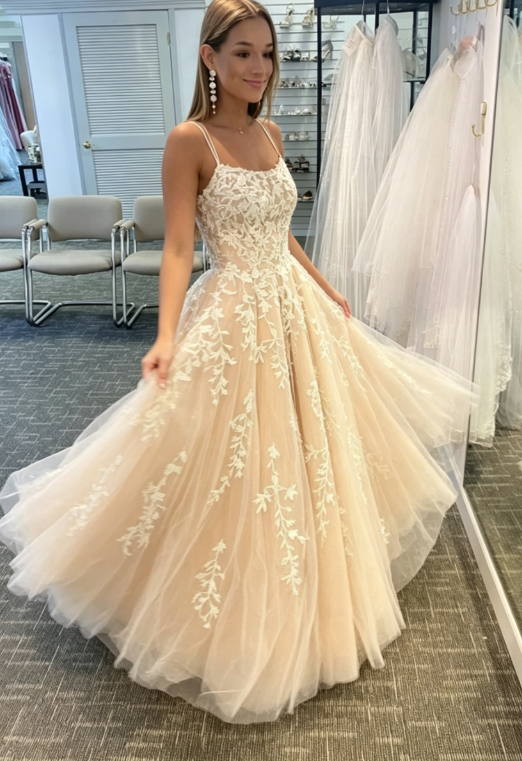 Simple Spaghetti Straps A-Line Lace Appliques Tulle Long Prom Dress KS7930