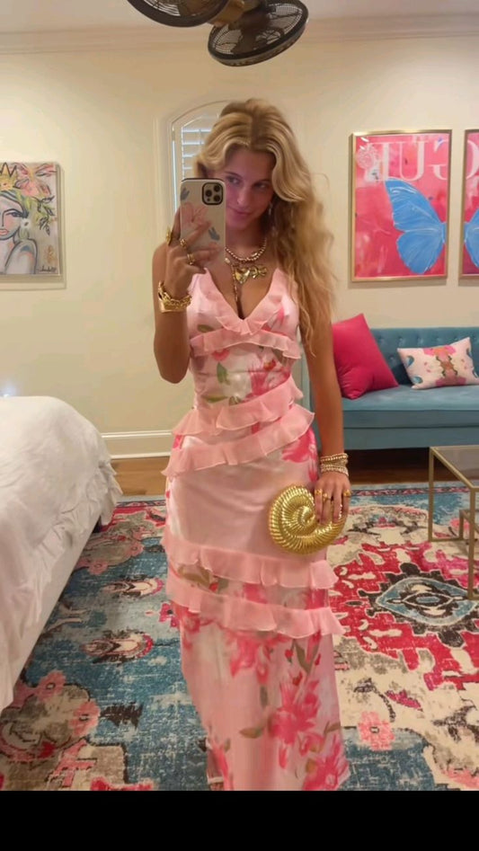Sweety Pink Sheath Spaghetti Strap Ruffle Print Satin Long Prom Dress Evening Dress SH8128