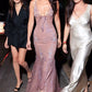 Vintage Mermaid Spaghetti Straps Beaded Chiffon Satin Prom Dress Wedding Guest Dress SH4293