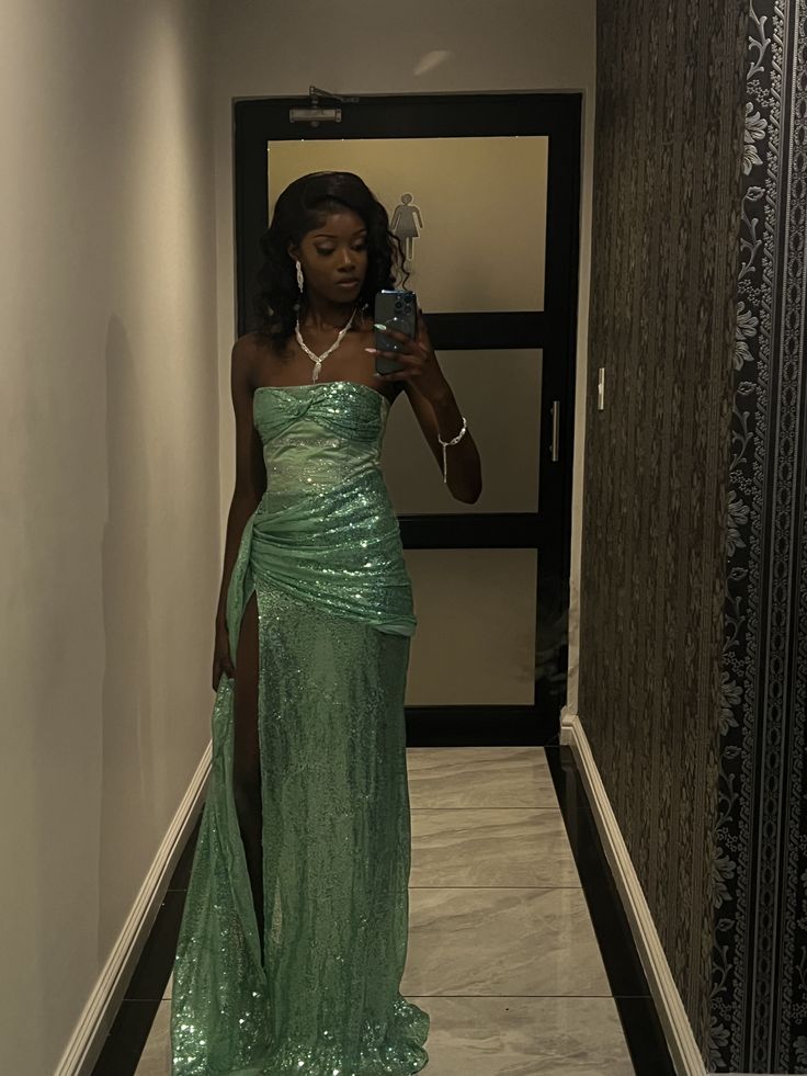 Shiny Green A Line Strapless Sequin Prom Dress Evening Dress Date Dress with Slit SH5593