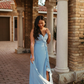 Gentle A Line Ruffle Blue Chiffon Evening Dress Bridesmaid Dress with Slit SH2703