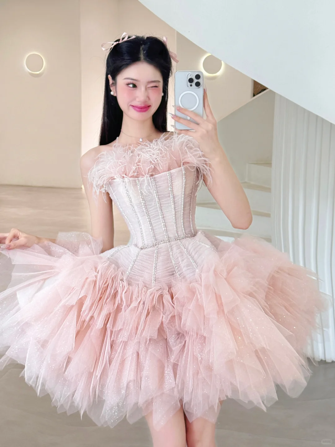 homecoming green dresses Cute A Line Strapless Corset Feather Pink Tulle Short Homecoming Dress –  shinydress