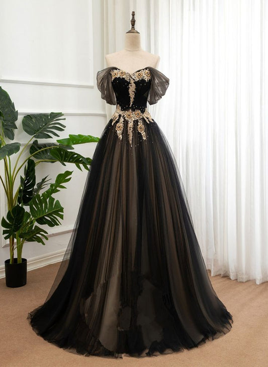 Black A Line Off the Shoulder Applique Tulle Long Formal Dress Prom Dress SH1828