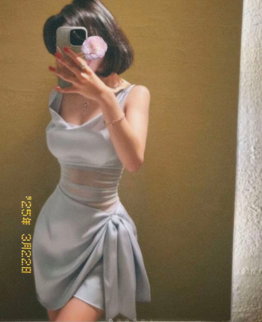 Unique Grey A Line Straps Satin Tulle Short Homecoming Dress Mini Dress SH8044