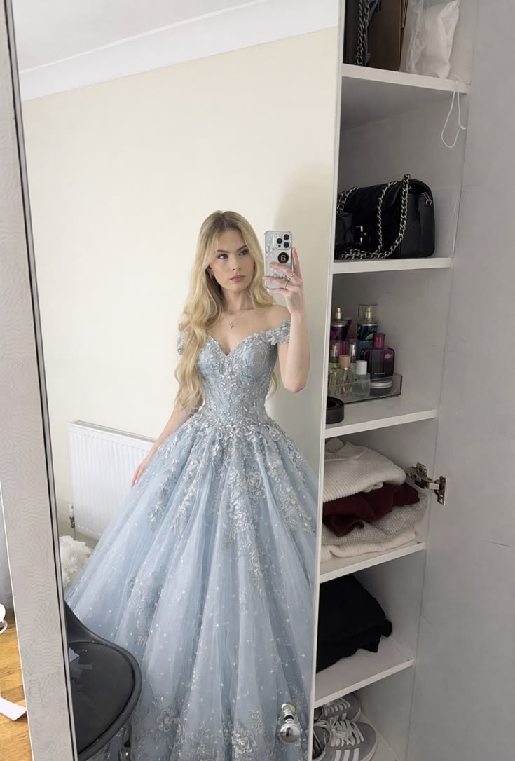 Princess Light Blue A Line Off the Shoulder Beaded Tulle Prom Dress SH5522
