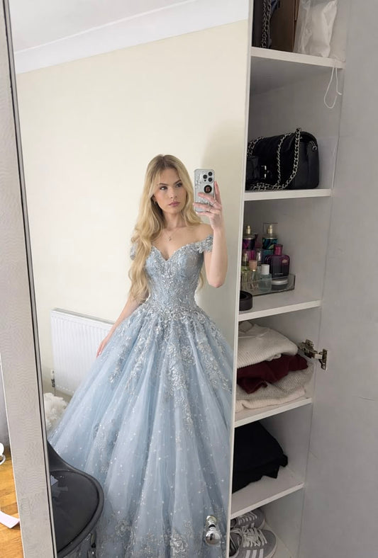 Princess Light Blue A Line Off the Shoulder Beaded Tulle Prom Dress SH5522