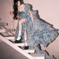 Romantic A Line Puff Sleeve Print Flower Blue Chiffon Party Dress Evening Dress with Slit SH2866