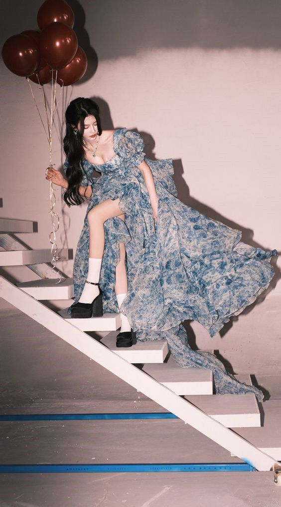 Romantic A Line Puff Sleeve Print Flower Blue Chiffon Party Dress Evening Dress with Slit SH2866