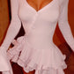Pink A Line Long Sleeve Ruffle Satin Short Homecoming Dress Mini Dress SH8060