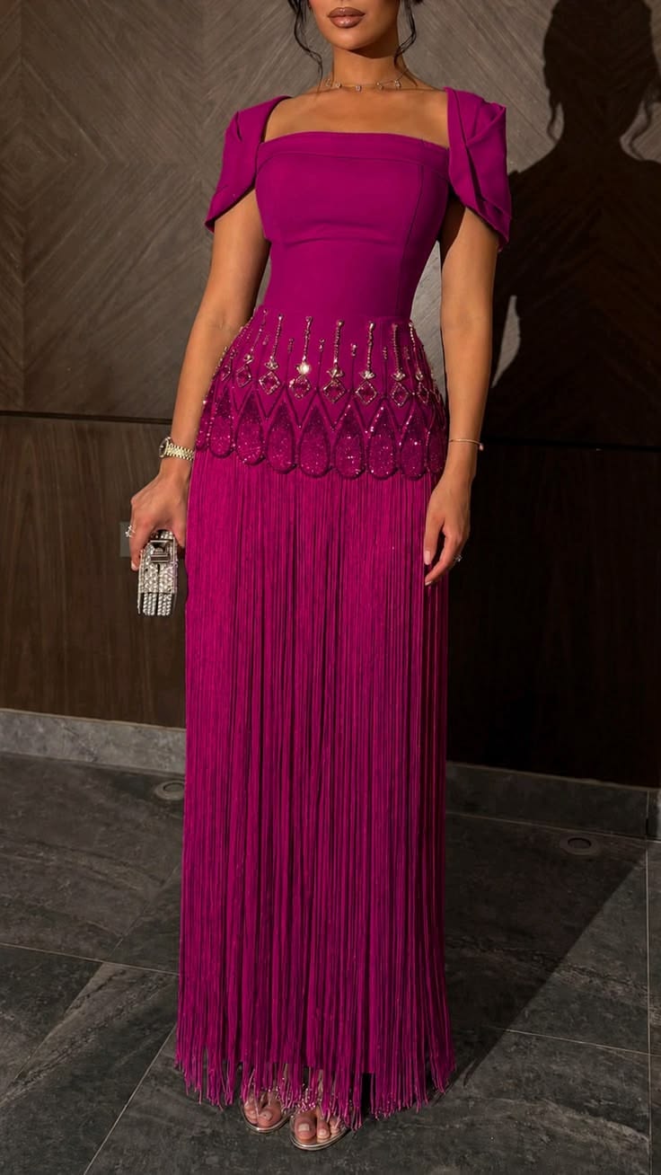 Elegant Hot Pink A Line Beaded Tassel Satin Prom Dress Evening Dress SH7258