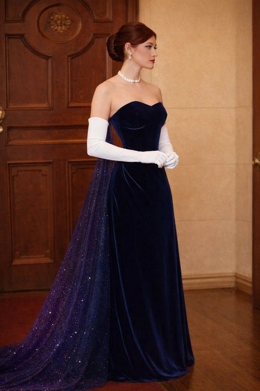 Elegant A Line Strapless Navy Blue Velvet Prom Dress SH5517