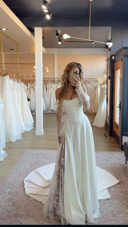 Elegant A Line Long Sleeve White Lace Satin Slit Long Wedding Dress SH7074