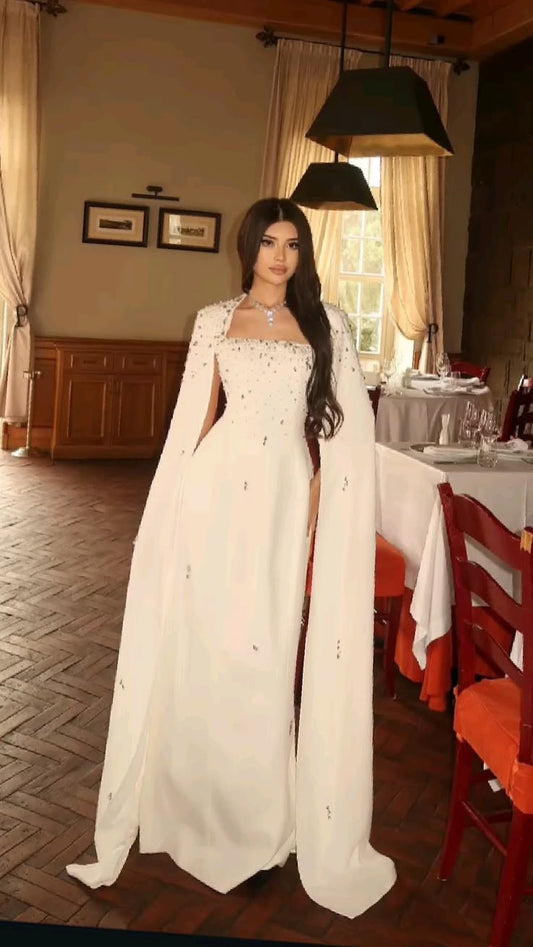 Elegant White A Line Long Sleeve Exquisite Beaded Satin Long Prom Dress Evening Dress SH8343