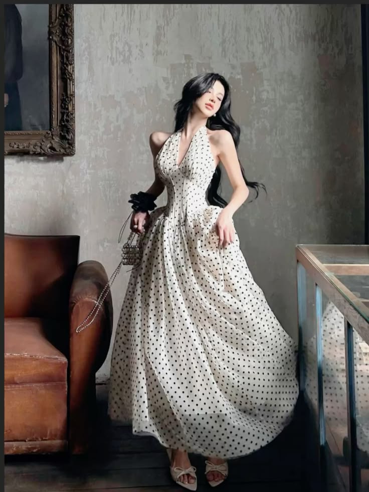 Ethereal Polka Dot A Line Halter Chiffon Long Prom Dress Evening Dress SH7591