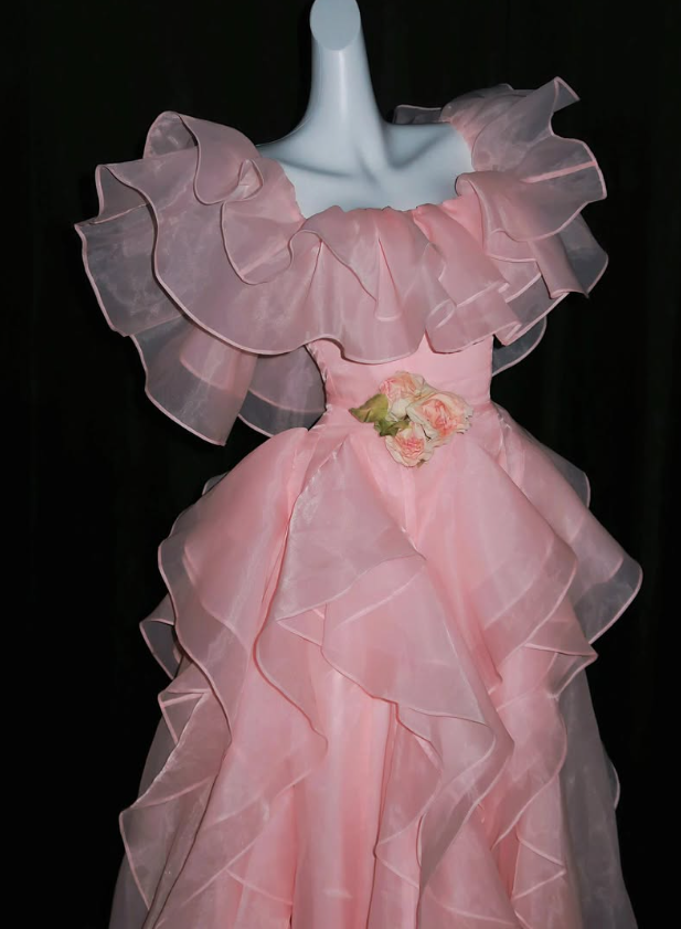 Princess Pink Ball Gown Straps Ruffle Organza Prom Dress Quinceanera Dress SH7164