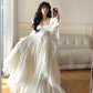 Princess A Line Long Sleeve Tiered Ivory Satin Long Party Dress Evening Dress SH2860