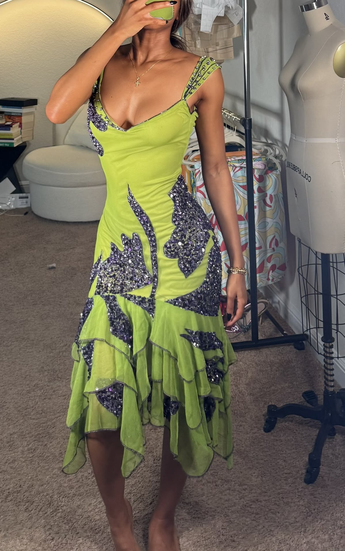 Green Mermaid Straps Shiny Beaded Chiffon Prom Dress Evening Dress SH7609